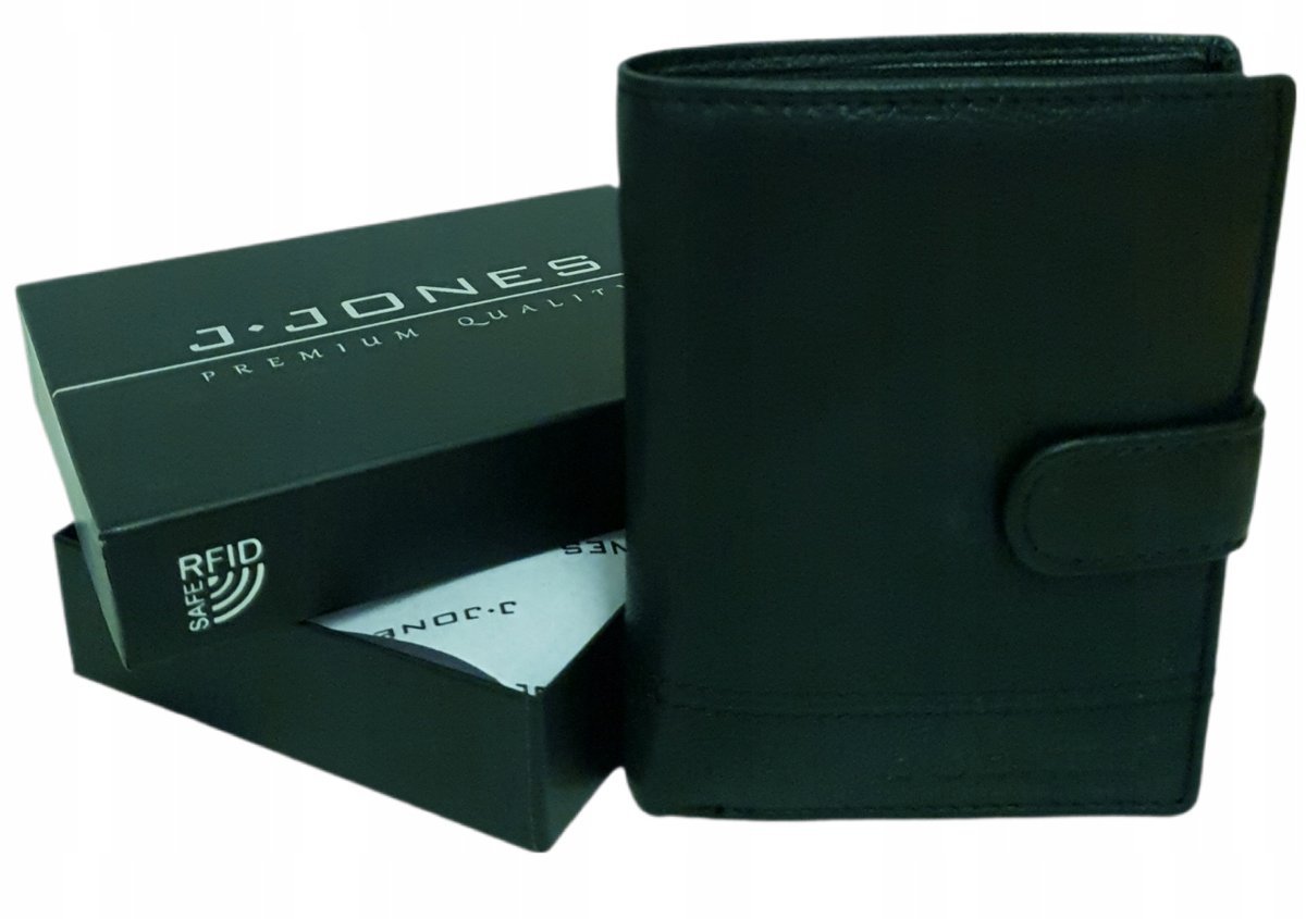 Portfel męski czarny skórzany pionowy z zatrzaskiem Jennifer Jones RFID SAFE elegancki prezent na święta