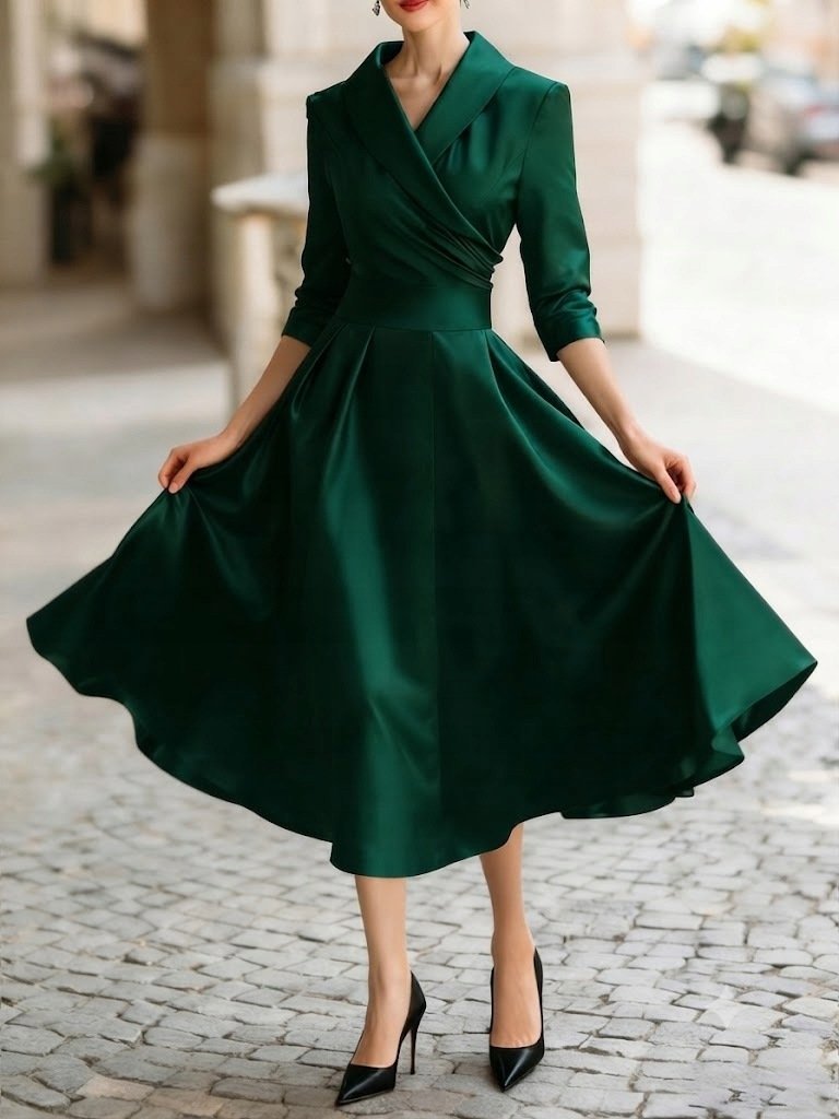 SHEIN ELEGANCKA ZIELONA SUKIENKA MIDI Z KOŁNIERZEM M 1MA