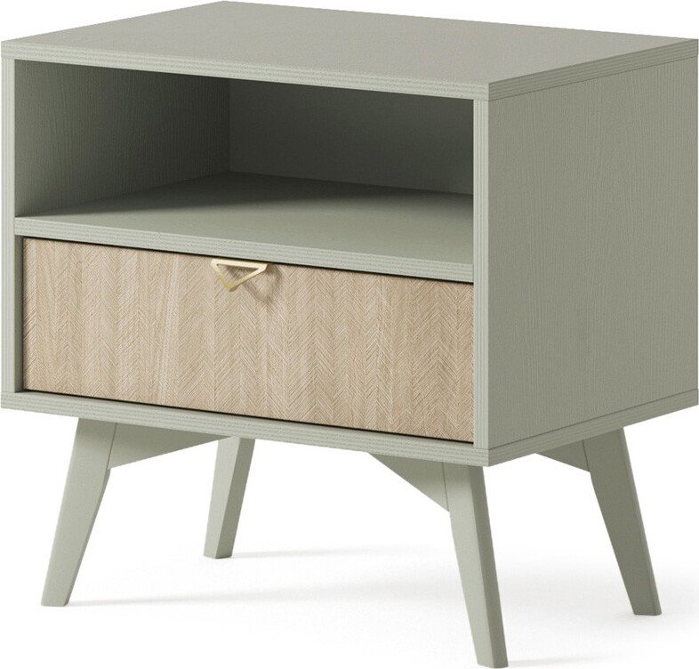 BETTSO Szafka nocna Stolik nocny z szufladą i półką nowoczesny design złote uchwyty FIRR Zielony Eukaliptus + wzór w jodełkę