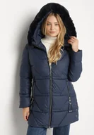 Kurtki damskie - Granatowa Taliowana Kurtka z Pikowanymi Przeszyciami i Kapturem z Futrem Avileria - miniaturka - grafika 1