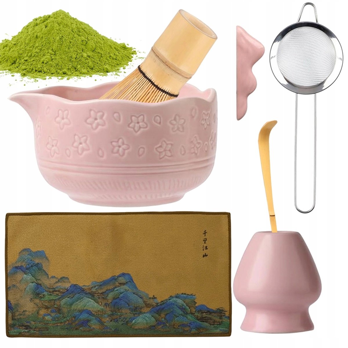 Kompletny Różowy Zestaw Do Matcha Z Ceramiczną Miską 450ml I Trzepaczką
