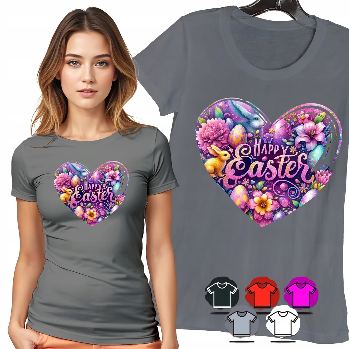 KOSZULKA DAMSKA T-SHIRT - HAPPY EASTER SERCE KRÓLIK PISANKI KWIATY - L