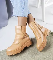 Botki damskie - Beżowe ocieplane botki z łańcuchem Pareda-40 - miniaturka - grafika 1