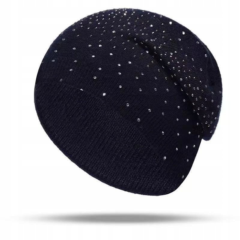 ciemnogranatowa CZAPKA damska cyrkonie zimowa jesienna BEANIE elegancka