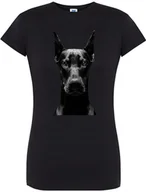 Koszulki i topy damskie - T-SHIRT DAMSKI PREZENT DOBERMAN PSY Y2K ŚMIESZNA KOSZULKA CZARNA R-M A592 - miniaturka - grafika 1