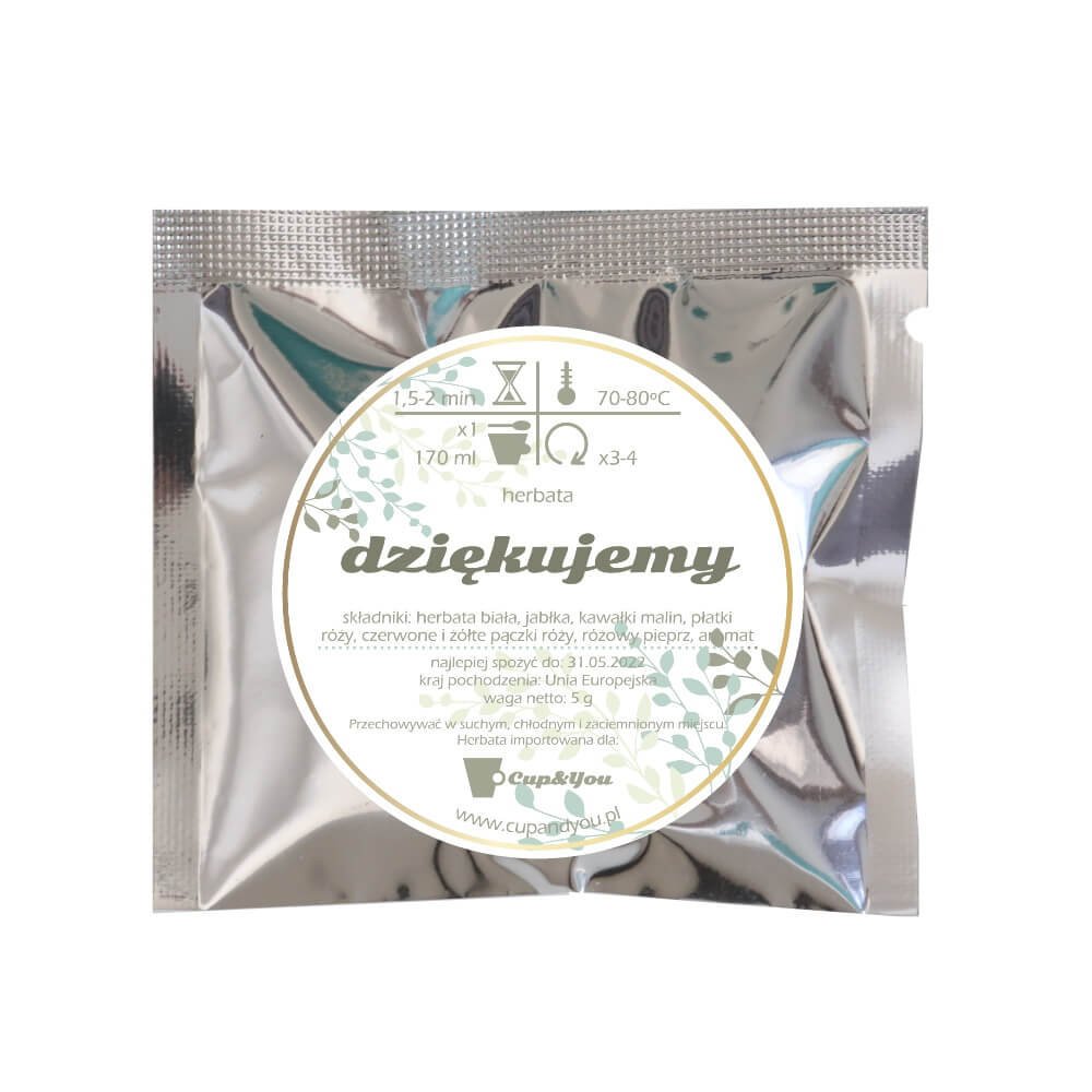 Zestaw 50 saszetek z herbatą DZIĘKUJEMY - wysokogatunkowa biała herbata różana 50x 5g eleganckie podziękowanie prezent podarunek upominek dla gości ..