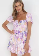 Sukienki - Fioletowa Sukienka Mini z Gumkami w Pasie w Kwiaty Maggietta - miniaturka - grafika 1