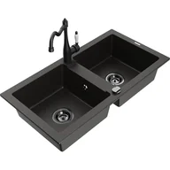Zlewozmywaki z baterią - Mexen Mario zlewozmywak granitowy 2-komorowy z baterią kuchenną Carla, czarny/złoty metalik - miniaturka - grafika 1