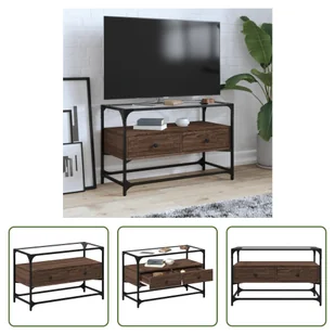 The Living Store szafka pod telewizor ze szklanym blatem brązowy dąb 80x35x51 cm materiał drewnopochodny - Szafki RTV - miniaturka - grafika 1