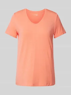 T-shirt z prążkowanym dekoltem w serek - Koszulki i topy damskie - miniaturka - grafika 1