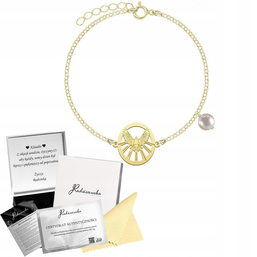 Bransoletka Złota Duch Święty Perła Prezent na Bierzmowanie 925 GRAWER