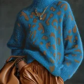 Swetry damskie - TEMU Damski Sweter z Wysokim Kołnierzem, Długi Rękaw, Kolorowy Print Leopard, Wszechstronna Wiosenna Bestseller, Modna i Uniwersalna Streetwear, - miniaturka - grafika 1