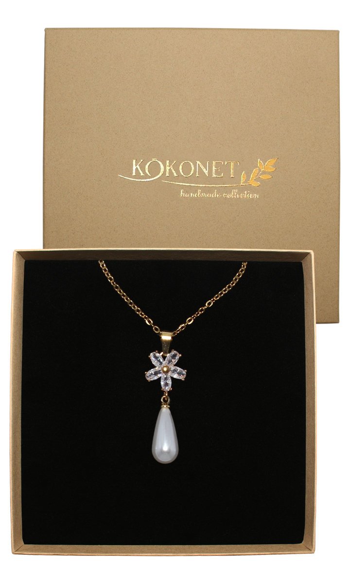 Złoty NASZYJNIK ślubny kwiaty perły ELEGANCKIE pudełko na prezent błysk