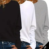 Bluzki damskie - TEMU Zestaw 3 koszulek Y2K dla kobiet, jednokolorowe, z długim rękawem, codzienne termiczne T-shirty z długim rękawem, regularny krój, na każdą porę - miniaturka - grafika 1