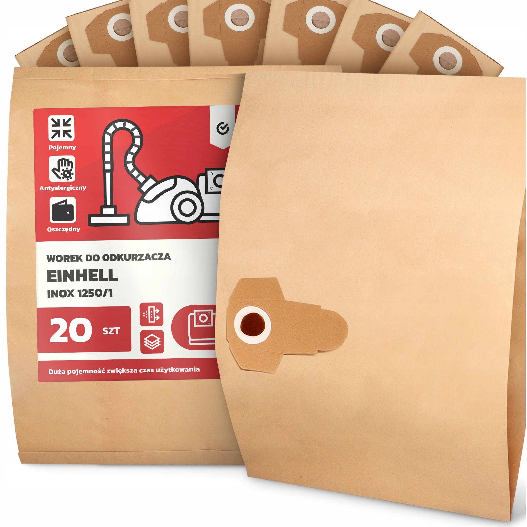 20x Worek do Odkurzacza Einhell Inox 1250/1 Papierowy 2-Warstwy Worki 2A