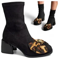 Botki damskie - Botki Damskie Eleganckie Jesienne Zamszowe na Obcasie Czarne Barski 40 - miniaturka - grafika 1