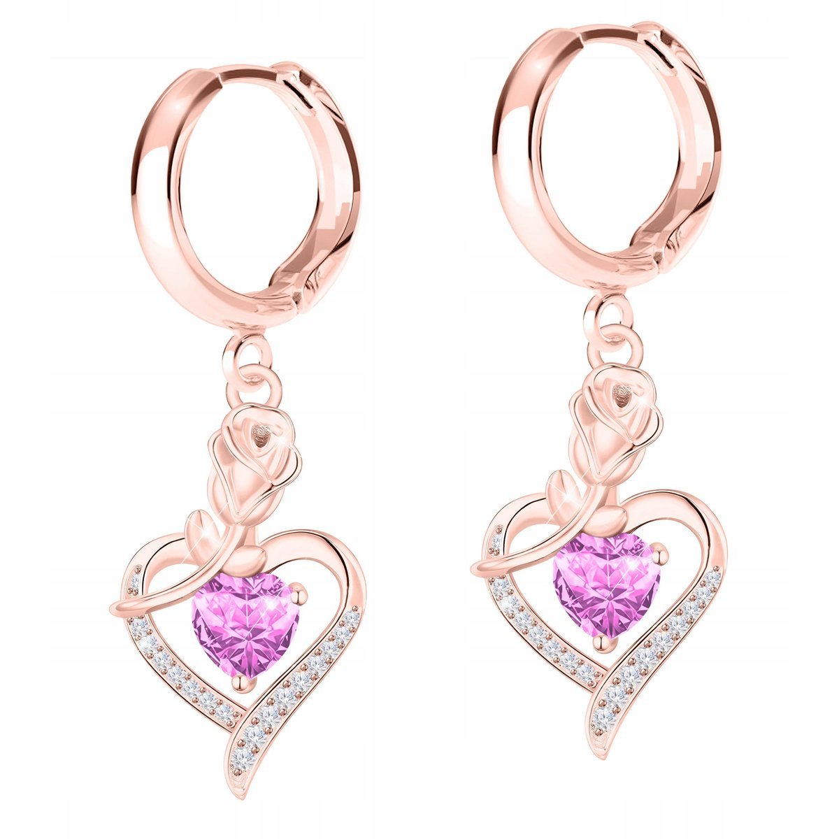 Kolczyki Pozłacane Serca z Różami Kwiaty Różowe Cyrkonie Róże SREBRO 925