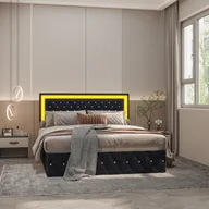 Łóżka - Łóżko tapicerowane Fortuna Lai 180x200cm, podwójne łóżko do przechowywania z regulowanym zagłówkiem, oświetleniem LED i stelażem listwowym, aksamit, czarny - miniaturka - grafika 1
