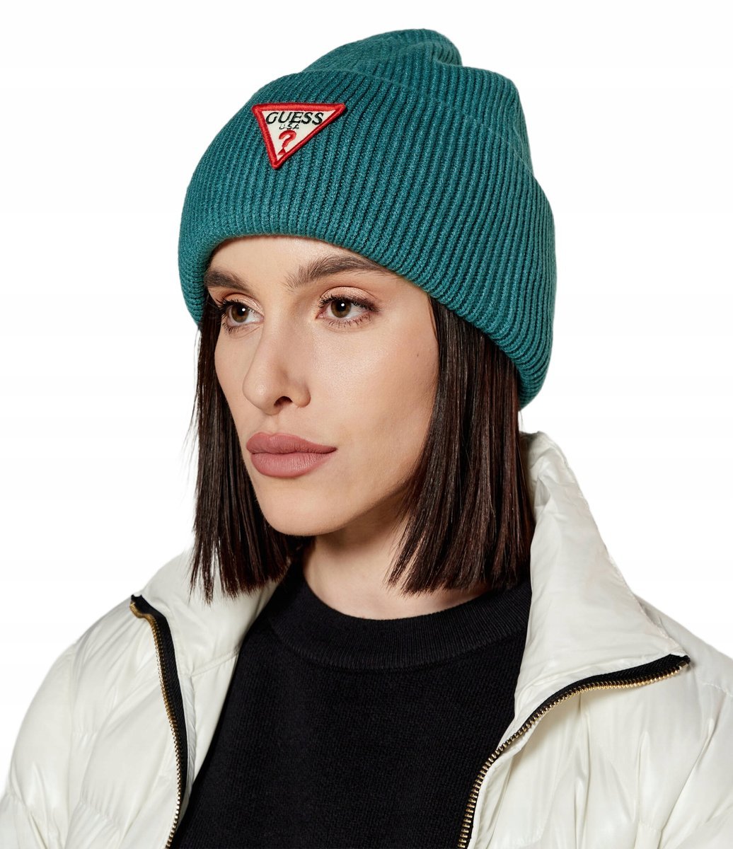 GUESS CZAPKA ZIMOWA DAMSKA BEANIE NIEBIESKA Z LOGO L 1GŁA