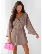 Sukienki - WP sukienka mini z przekładanym dekoltem - mocha mousse - miniaturka - grafika 1