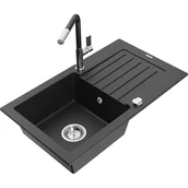 Zlewozmywaki z baterią - Mexen Pablo zlewozmywak granitowy 1-komorowy z ociekaczem i baterią kuchenną Flora, czarny/srebrny metalik - miniaturka - grafika 1