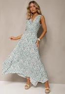 Sukienki - Miętowa Bawełniana Sukienka z Gumką w Pasie Kopertowym Dekoltem w Kwiaty Anelette - Renee - miniaturka - grafika 1