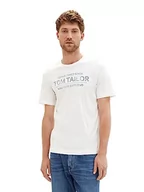Koszulki męskie - TOM TAILOR Męski T-shirt z nadrukiem logo, 11186 – Blanc De Blanc White, S - miniaturka - grafika 1
