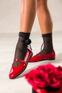 Baleriny - Czerwone baleriny skórzane damskie lakierowane Mary Jane pasek ze złotą klamrą PRODUKT POLSKI Casu 6987-381 - miniaturka - grafika 1