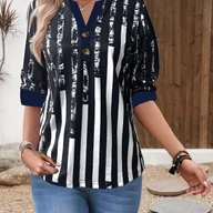 Koszule damskie - TEMU Bluzka z przyciskami w paski z eleganckim dekoltem i krótkimi rękawami na wiosnę i , odzież damska - miniaturka - grafika 1