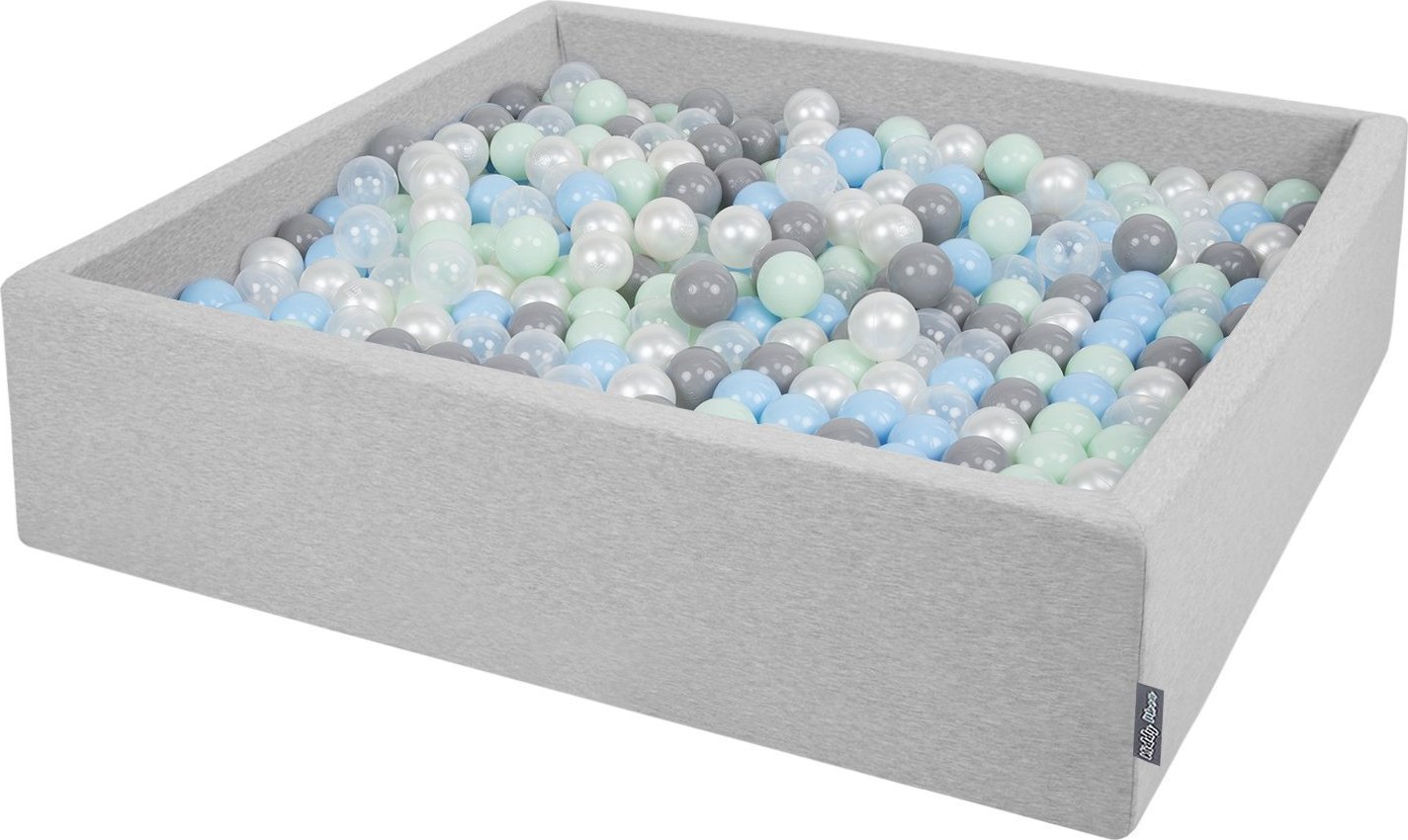 KiddyMoon KiddyMoon Suchy basen kwadratowy z piłeczkami 7cm 120x30 jasnoszary: perła-szary-transparent-babyblue-mięta 120x30/200piłek Zabawka basen piankowy