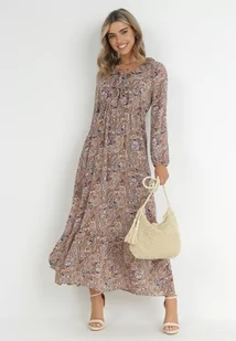 Brązowo-Beżowa Sukienka z Falbanką przy Dekolcie w Ornamentalny Wzór isha - Sukienki - miniaturka - grafika 1