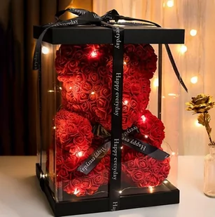 figurki MIŚ Z RÓŻ LED FLOWERBOX GIFTBOX PREZENT DLA NIEJ DZIEWCZYNY MAMY ŚWIĘTA 25CM mis z roz - Sztuczne kwiaty - miniaturka - grafika 1