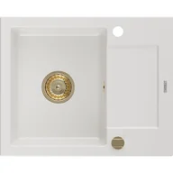 Zlewozmywaki - Mexen Enzo zlewozmywak granitowy 1-komorowy z ociekaczem 576 x 465 mm, biały, syfon złoty - miniaturka - grafika 1