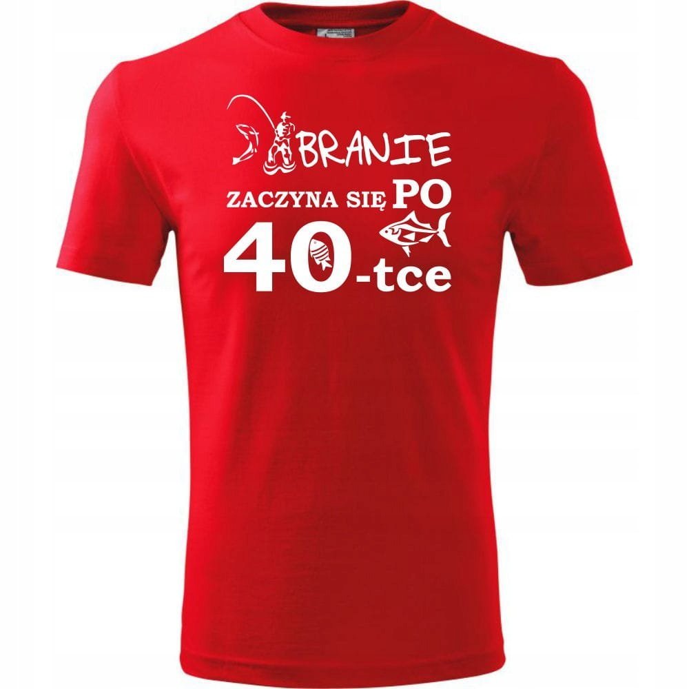 Męska Koszulka z Nadrukiem Branie ryba 40 na Prezent Urodzinowy dla Niego czerwony L