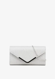 Srebrna Brokatowa Torebka Kopertówka z Łańcuszkiem i Metaliczną Aplikacją Pasliniela - Torebki damskie - miniaturka - grafika 1