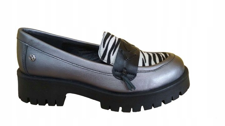 SREBRNE MOKASYNY PÓŁBUTY MACIEJKA 06195-15 DAMSKIE SKÓRA NATURALNA R.38