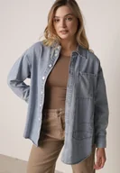 Koszule damskie - Niebieska Koszula Jeansowa z Bawełną Ozdobiona Przeszyciami Junie - miniaturka - grafika 1