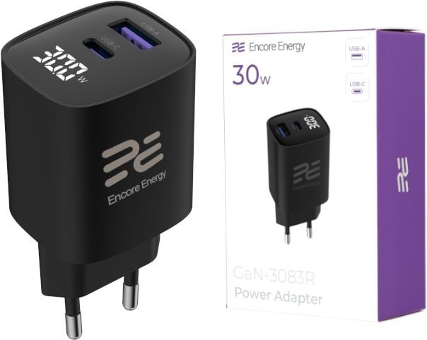 Ładowarka sieciowa Encore Energy GaN QC 4 PD 3.0 USB-A USB-C 30W GaN-3083R z wyświetlaczem standard