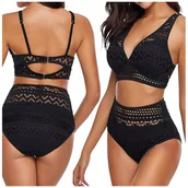 Stroje kąpielowe - STRÓJ KĄPIELOWY BIKINI WYSOKI STAN CZARNY AŻUROWY KORONKA KOSTIUM BIKINI S - miniaturka - grafika 1