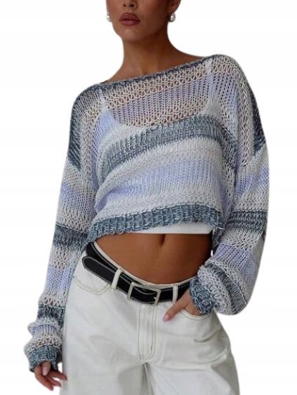 SHEIN SWETER AŻUROWY KRÓTKI W PASKI Z DŁUGIM RĘKAWEM L 21GA