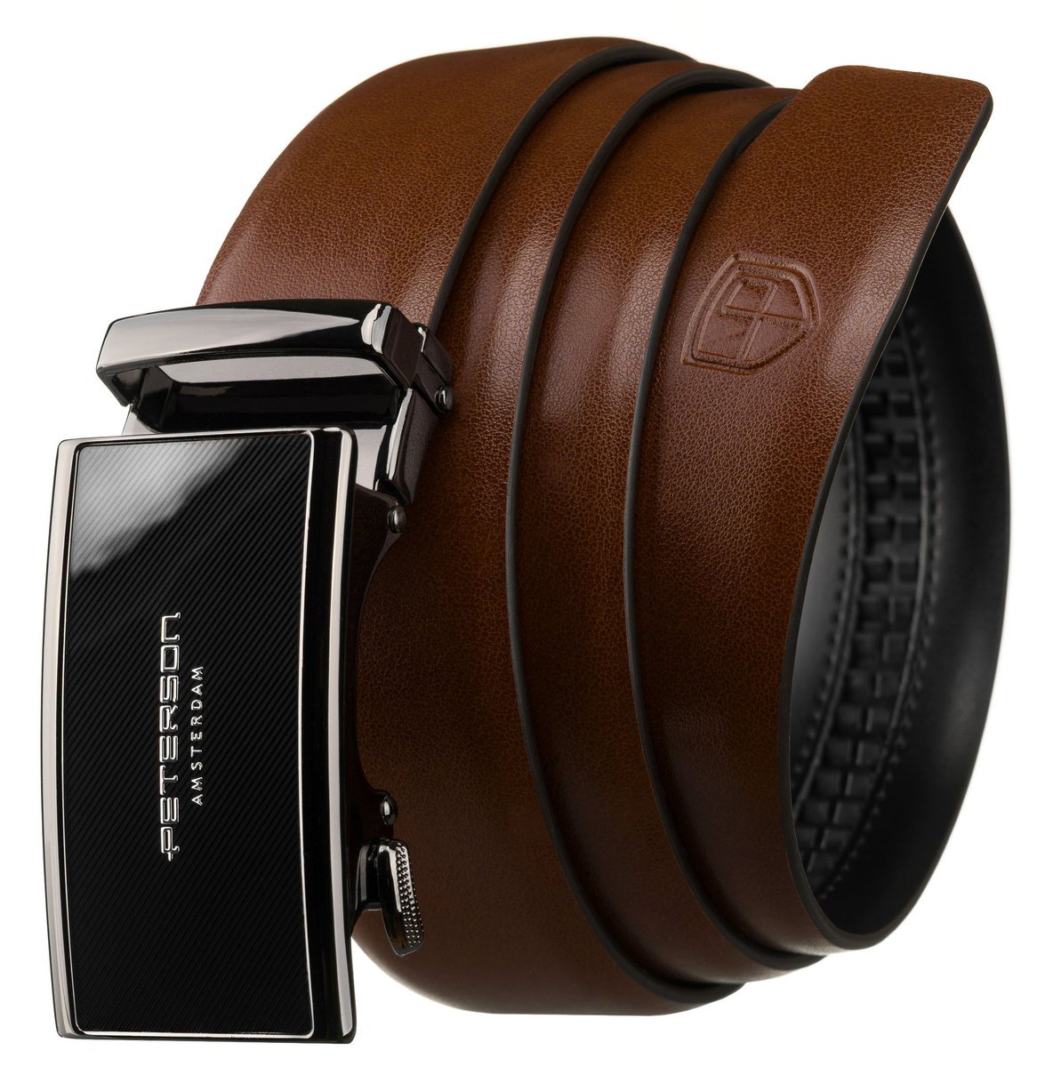 Skórzany pasek męski do spodni brązowy z automatyczną klamrą PETERSON 105 elegancki do garnituru casualowy samodzielne skracanie
