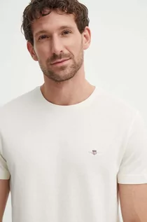 Koszulki męskie - Gant t-shirt bawełniany męski kolor beżowy gładki 2013033 - grafika 1