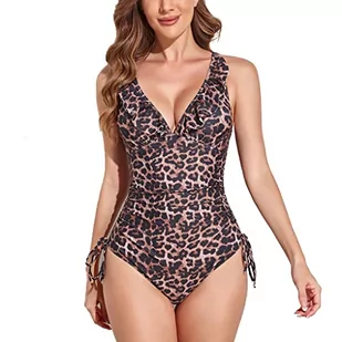 Stroje kąpielowe dla kobiet V-Neck Sexy Marszczący Strój Kąpielowy Jednoczęściowy Kontrola brzucha, B-3 Wzór Leopard, L - Stroje kąpielowe dla dziewczynek - miniaturka - grafika 1