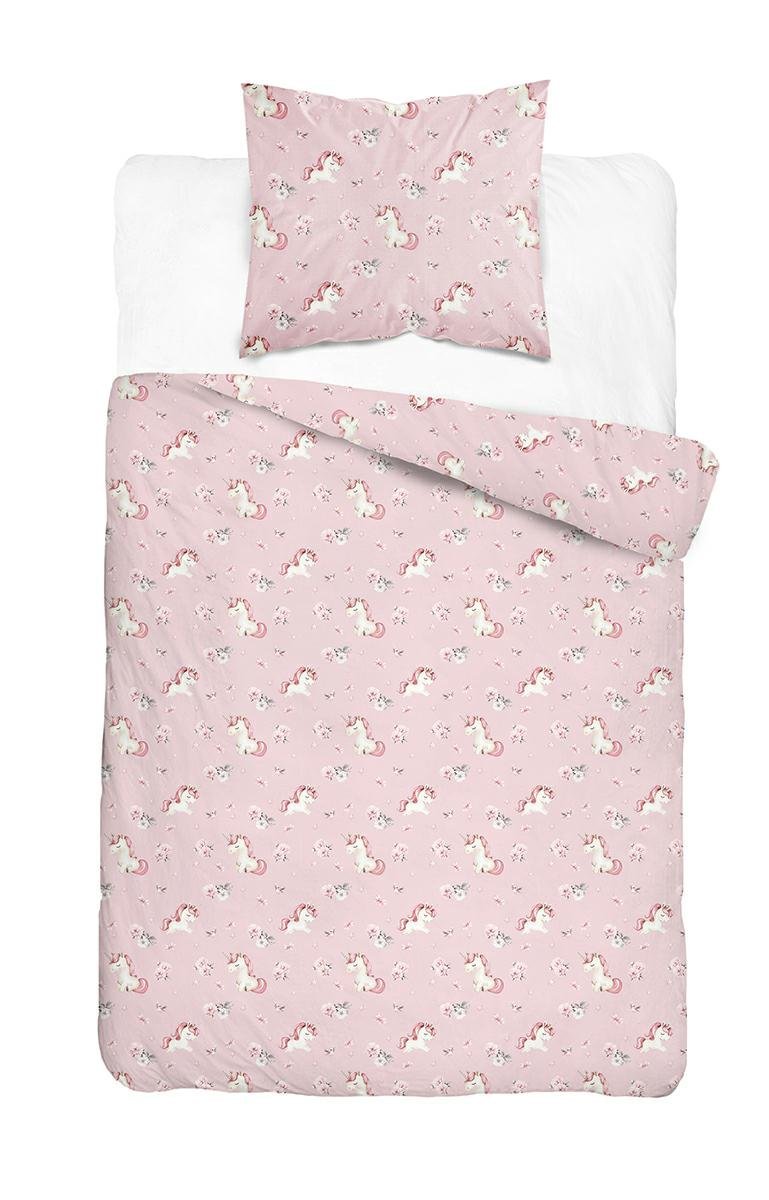 Pościel dziecięca 160x200 różowa w białe jednorożce i kwiatki – KidsDreams