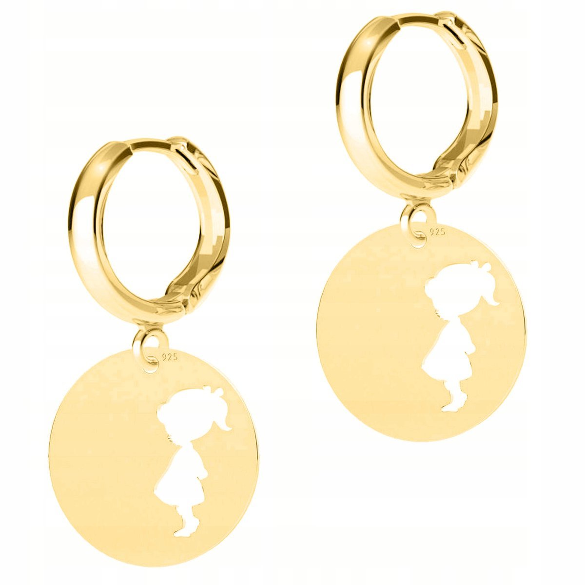 Złote Kolczyki Okrągłe Blaszki z Dziewczynką Girl Family SREBRO 925