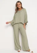 Komplety damskie - Jasnozielony Wiskozowy Komplet Szerokie Spodnie z Gumką w Talii Góra o Kroju Nietoperza Odrina - miniaturka - grafika 1