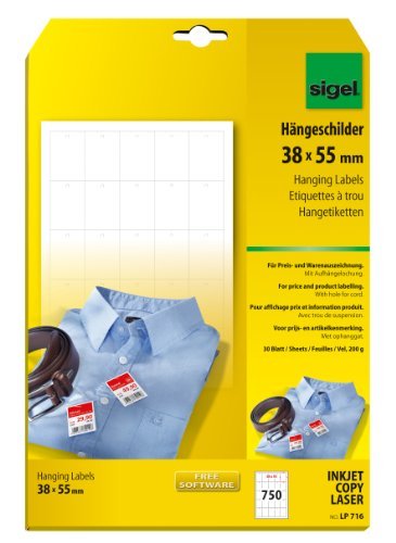 SIGEL LP716 zawieszka towarowa biała, z otworem do powieszenia (A4, 38 x 55 mm) 750 sztuk