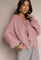 Swetry damskie - Różowy Kardigan z Wełną o Kroju Oversize z Wiązanymi Kokardami Elearina - miniaturka - grafika 1