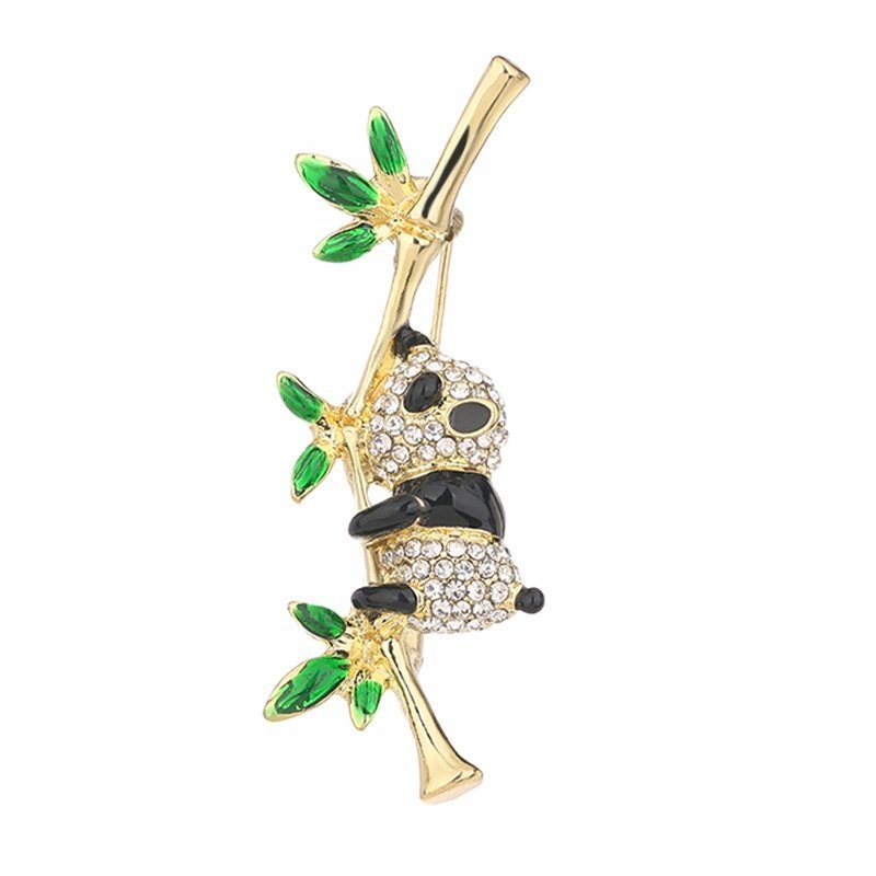 ciekawa BROSZKA w kolorze złotym OZDOBA do ubrań PANDA na bambusie cyrkonie