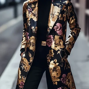 TEMU Damski elegancki blazer z kwiatowym nadrukiem - długi rękaw, bez guzików, z dekoltem, czarny i złoty wzór kwiatowy, luźny krój, uniwersalna - Marynarki i żakiety damskie - miniaturka - grafika 1